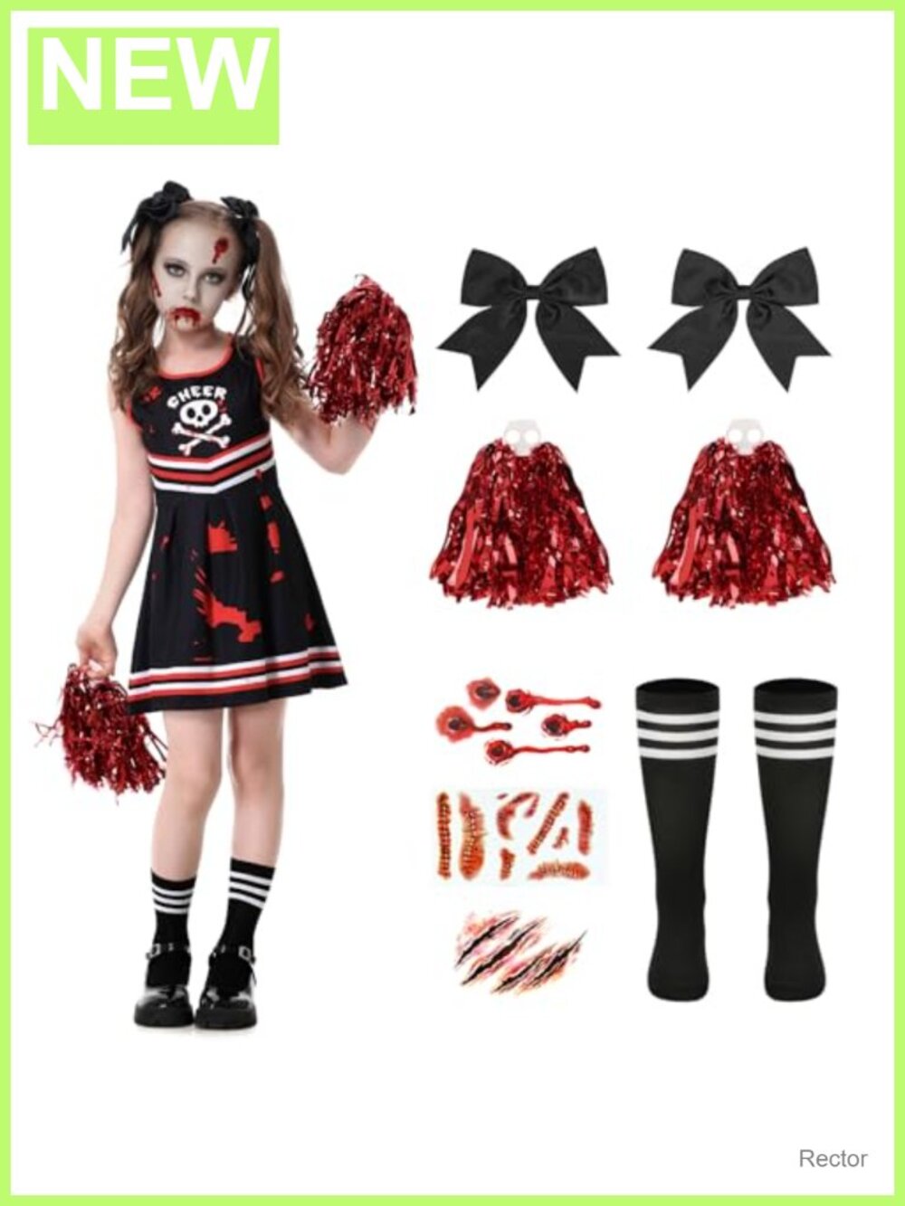 Girls Zombie Cheerleader Halloween Costume Set 10 Pieces